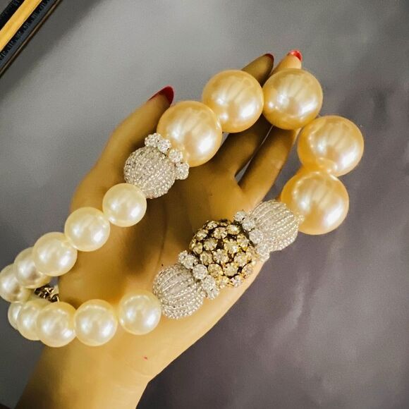 Vintage Lenora Dame Chunky Statement Pearl Runway Necklace Gold Plate Asymmetric - Picture 7 of 8